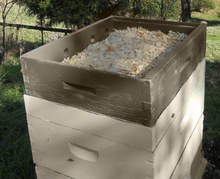 Moisture Quilt on Langstroth Hive filled with cedar shavings